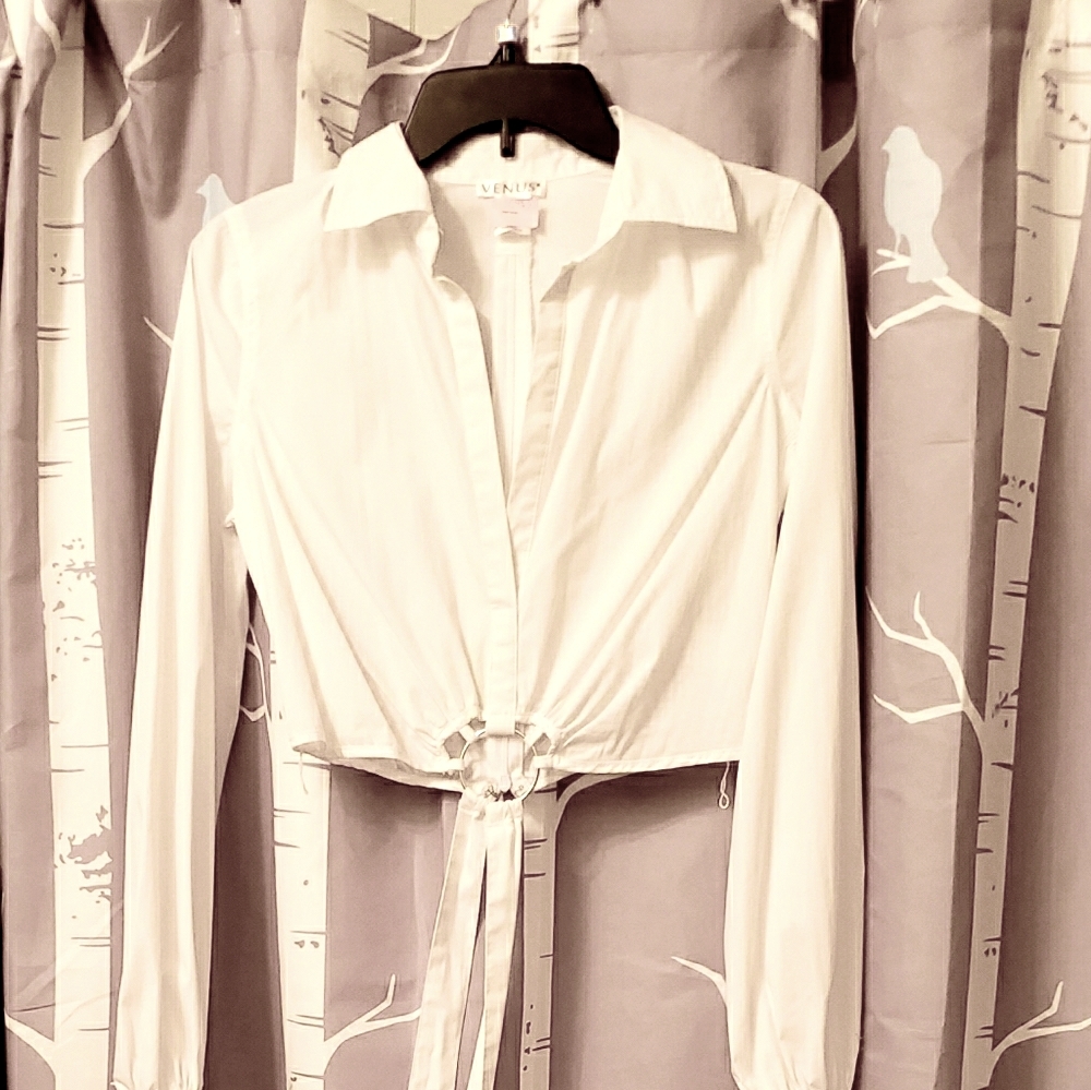 White Long Sleeve Tie-Front Blouse